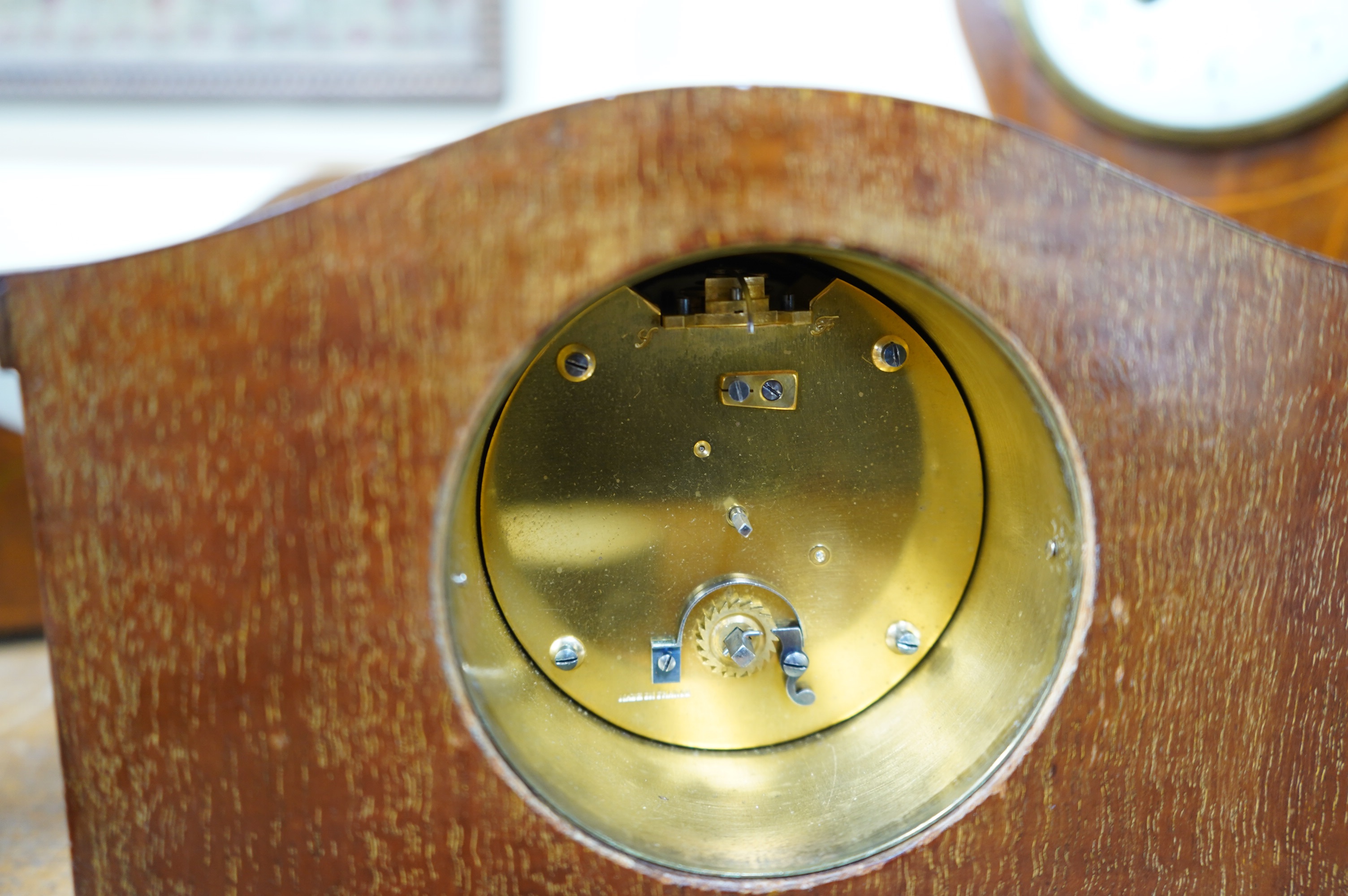 Sundry items to include four Edwardian inlaid mantel clocks, a barometer and a skeleton clock (7). Condition - mostly fair, untested